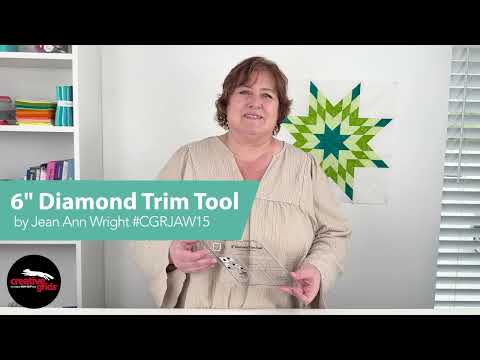 Tutorial for the Creative Grids 6-Inch Diamond Trim Tool, showing how to cut the center diamond and build and trim the five diamond block designs, including a Lone Star.
