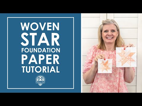 Video tutorial from It's Sew Emma showing how to sew the Woven Star quilt block on the printed foundation paper. Fabric is placed and stitched at each numbered section, seam allowances are trimmed against a ruler, and the paper is torn away once the block is complete.