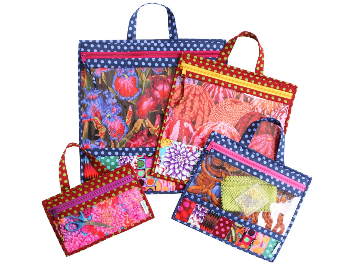 Larger Project Bags with top handles and blue dot binding, holding folded fabric and a project, standing upright.