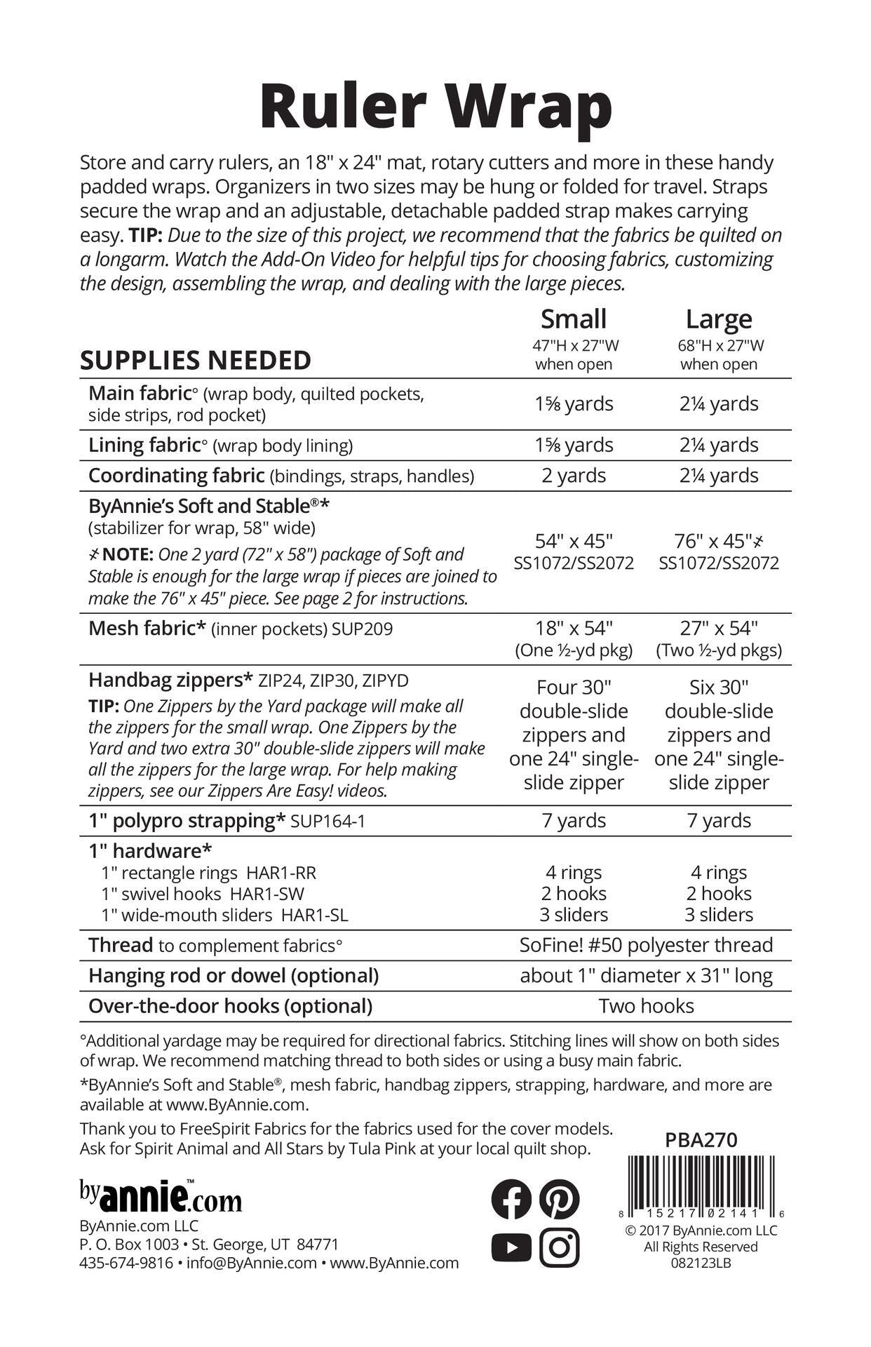 Ruler Wrap sewing pattern back cover from ByAnnie listing the two finished sizes and the supplies needed, including main and lining fabric, ByAnnie's Soft and Stable, mesh, zippers, strapping, hardware, and an optional hanging rod.