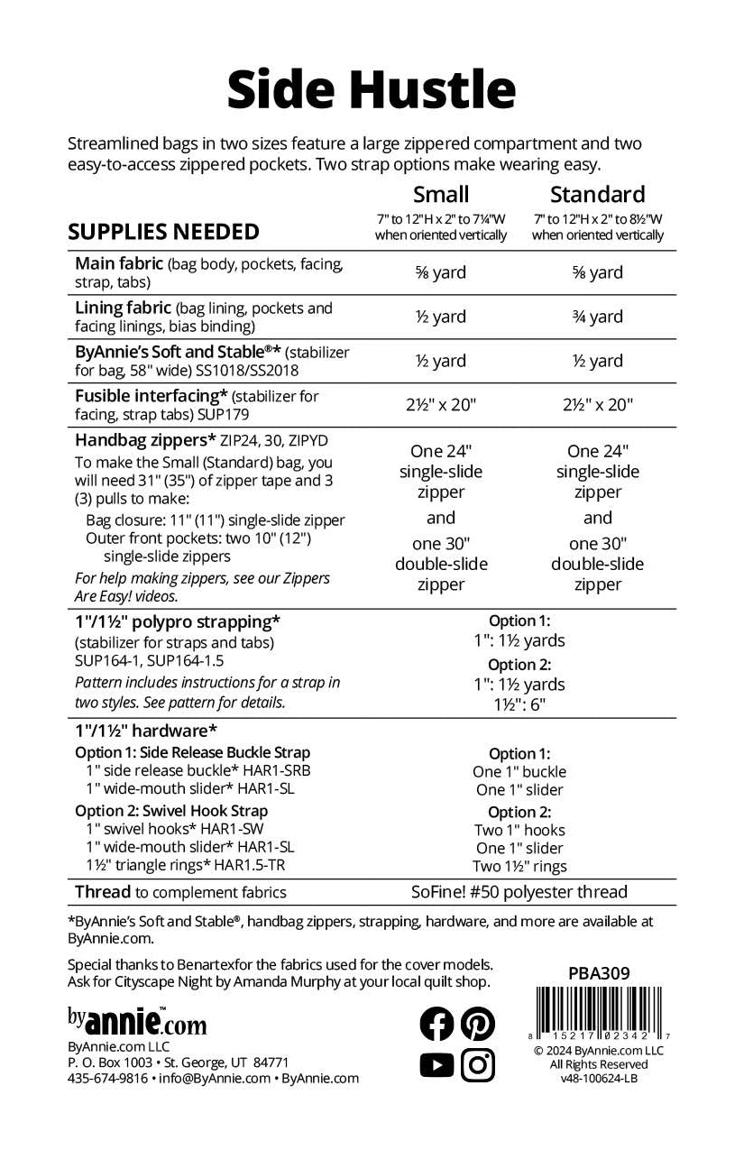 Side Hustle sewing pattern back cover from ByAnnie listing the two finished sizes and the supplies needed, including main and lining fabric, ByAnnie's Soft and Stable, fusible interfacing, zippers, strapping, and hardware for two strap styles.