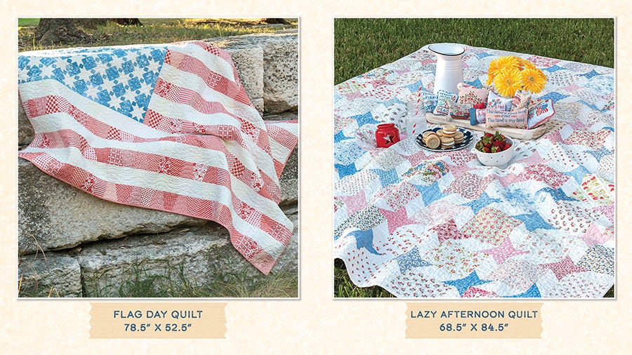 Two quilts from Summer Memories: the Flag Day Quilt of pieced flags and the Lazy Afternoon Quilt in soft scrappy prints, with finished sizes.