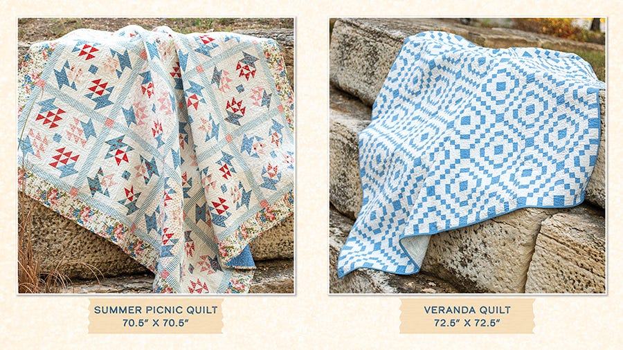 Two quilts from Summer Memories: the Summer Picnic Quilt in red, cream, and blue and the blue-and-white Veranda Quilt, with finished sizes.