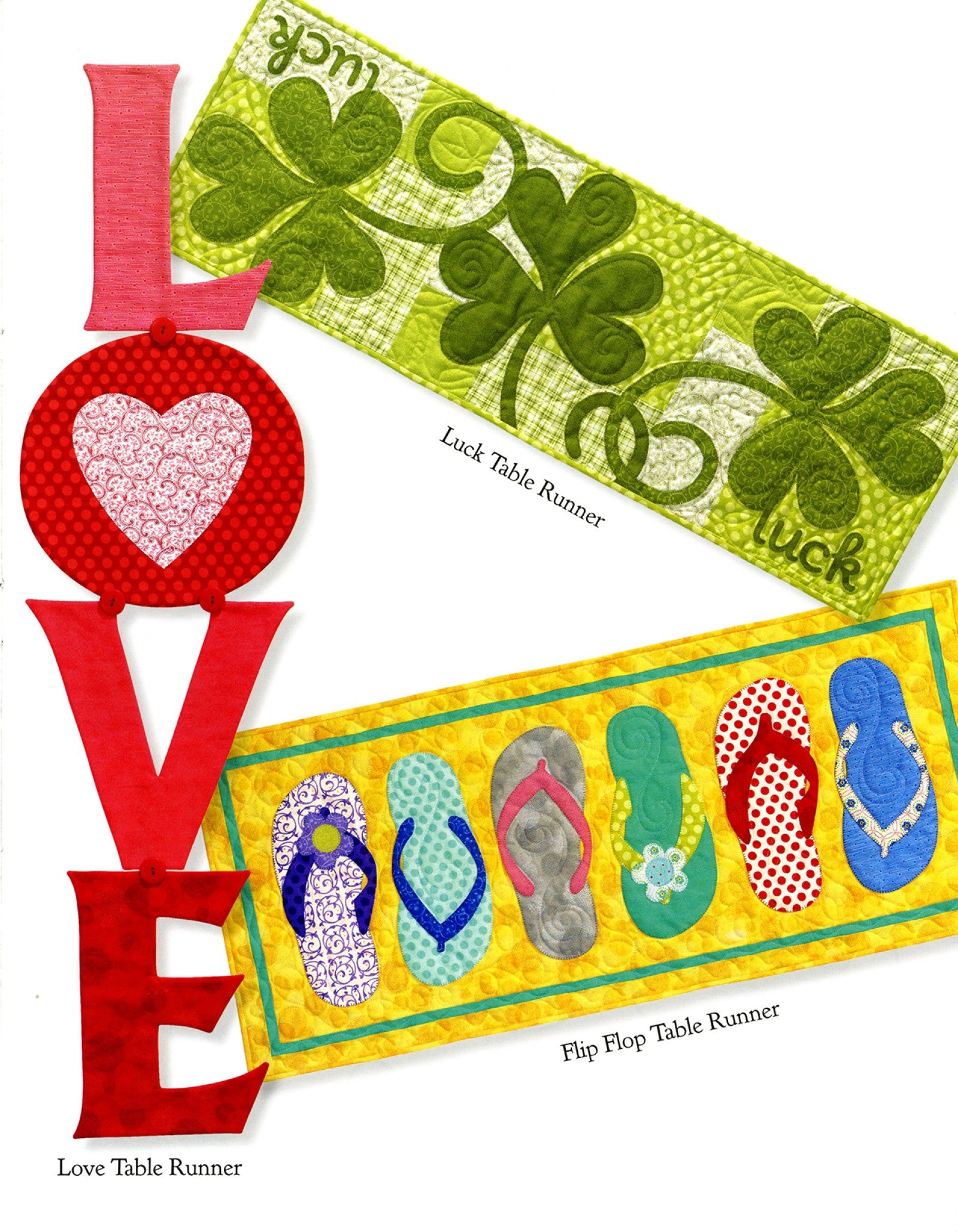 Interior page of the Table Please Part One quilt pattern book by Nancy Halvorsen of Art to Heart, showing the Love, Luck, and Flip Flop table runners in bright applique.