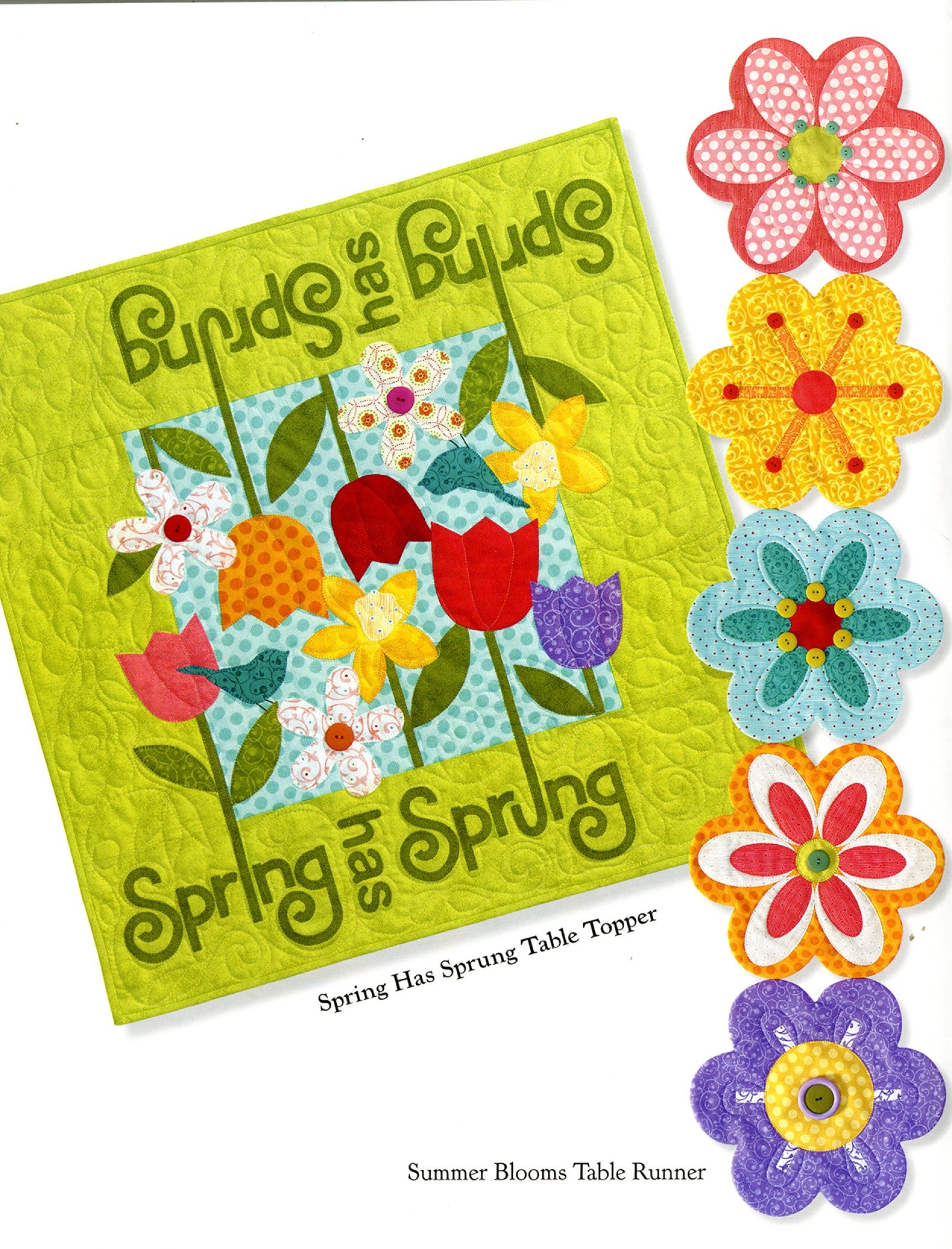 Interior page of the Table Please Part One quilt pattern book by Nancy Halvorsen of Art to Heart, showing the Spring Has Sprung table topper and Summer Blooms table runner with appliqued flowers.