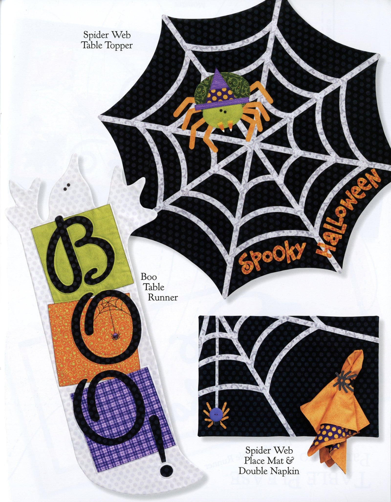Interior page of the Table Please Part Two quilt pattern book by Nancy Halvorsen of Art to Heart, showing the Spider Web table topper, Boo table runner, Spider Web place mat, and double napkin.