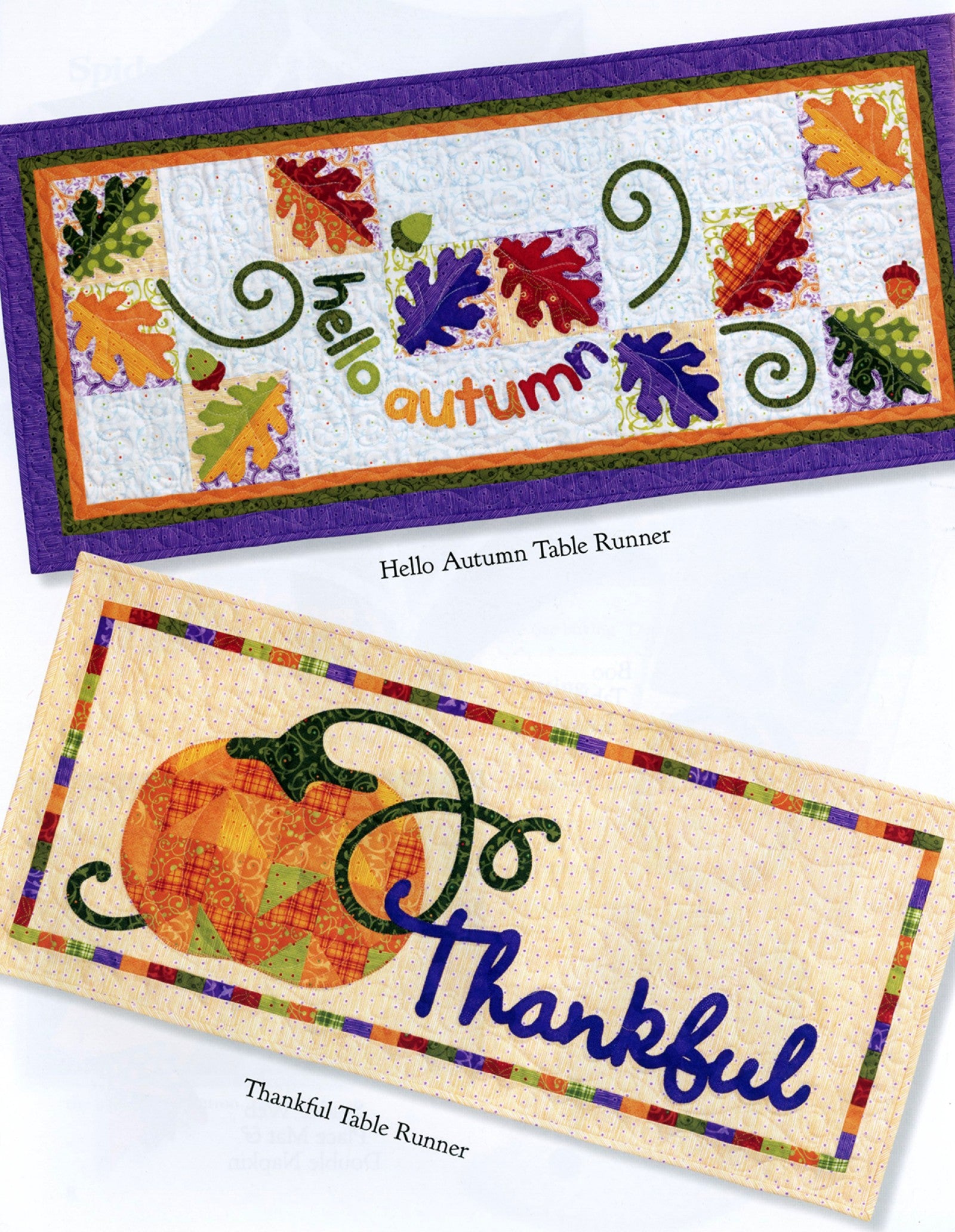 Interior page of the Table Please Part Two quilt pattern book by Nancy Halvorsen of Art to Heart, showing the Hello Autumn table runner with appliqued leaves and the Thankful table runner with a pumpkin.