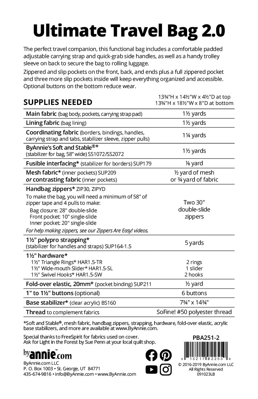 Ultimate Travel Bag 2.0 sewing pattern back cover from ByAnnie listing the finished size and the supplies needed, including main and lining fabric, ByAnnie's Soft and Stable, fusible interfacing, mesh, two double-slide zippers, strapping, hardware, fold-over elastic, and a base stabilizer.