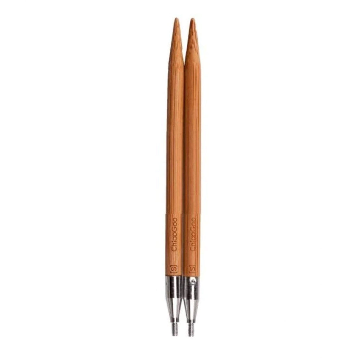 A pair of ChiaoGoo SPIN bamboo interchangeable knitting needle tips standing side by side on a white background, points up. Each tip is brown bamboo that tapers to a point at the top, with a silver metal join and a threaded end at the bottom. Laser markings on the bamboo above each join read ChiaoGoo and [S].