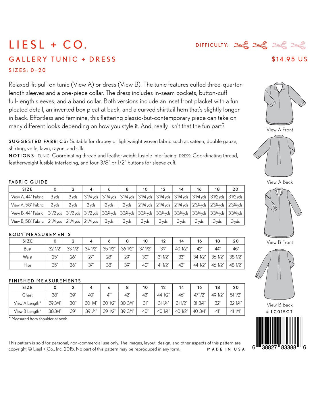 Gallery Tunic and Dress Sizes 0 - 20 Sewing Pattern by Liesl Gibson of Liesl and Co.