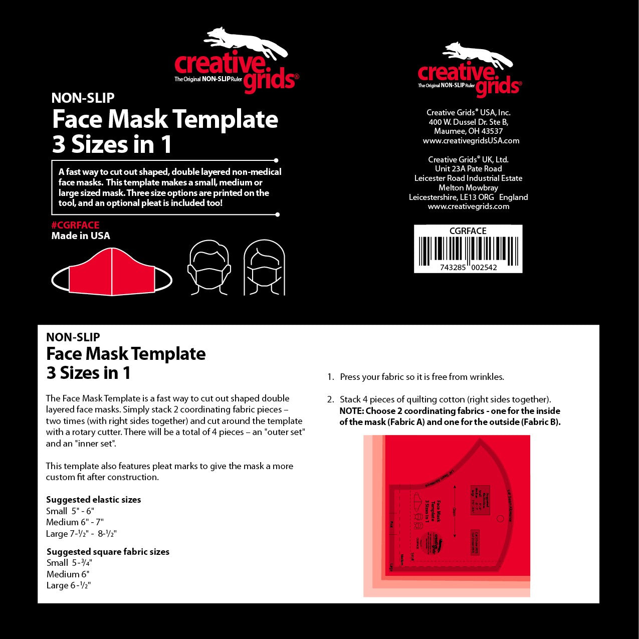 Creative Grids Face Mask Template Makes 3 Sizes 6-Inch x 6-1/4-Inch (CGRFACE)