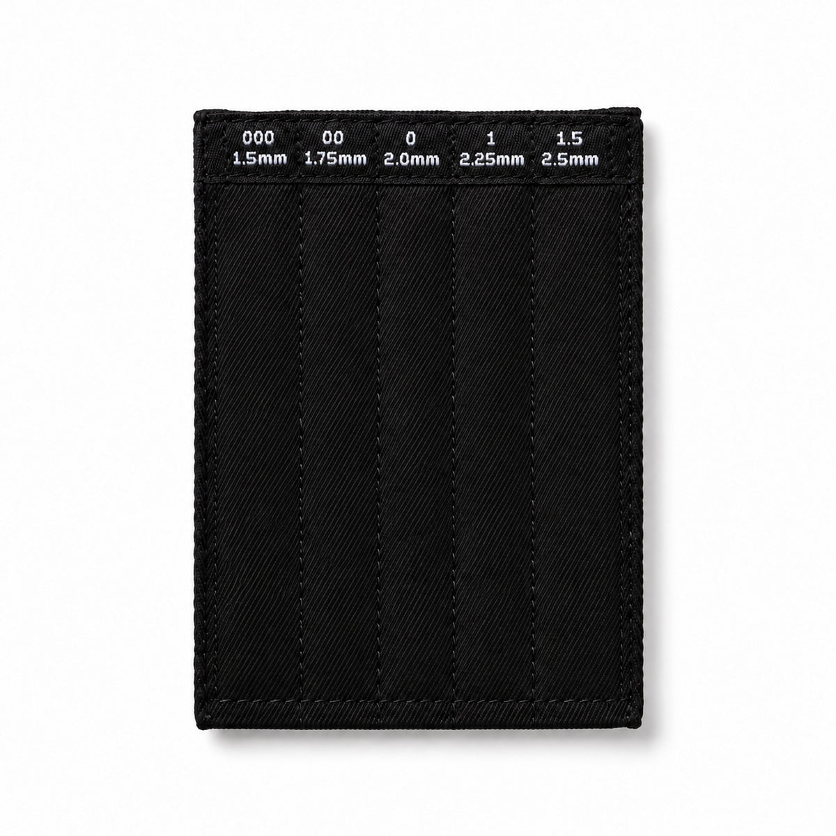 ChiaoGoo tip sleeve for 4-inch Mini [M] tips on a white background: a black fabric sleeve with pocket labels across the top that read 000 1.5mm, 00 1.75mm, 0 2.0mm, 1 2.25mm, and 1.5 2.5mm.