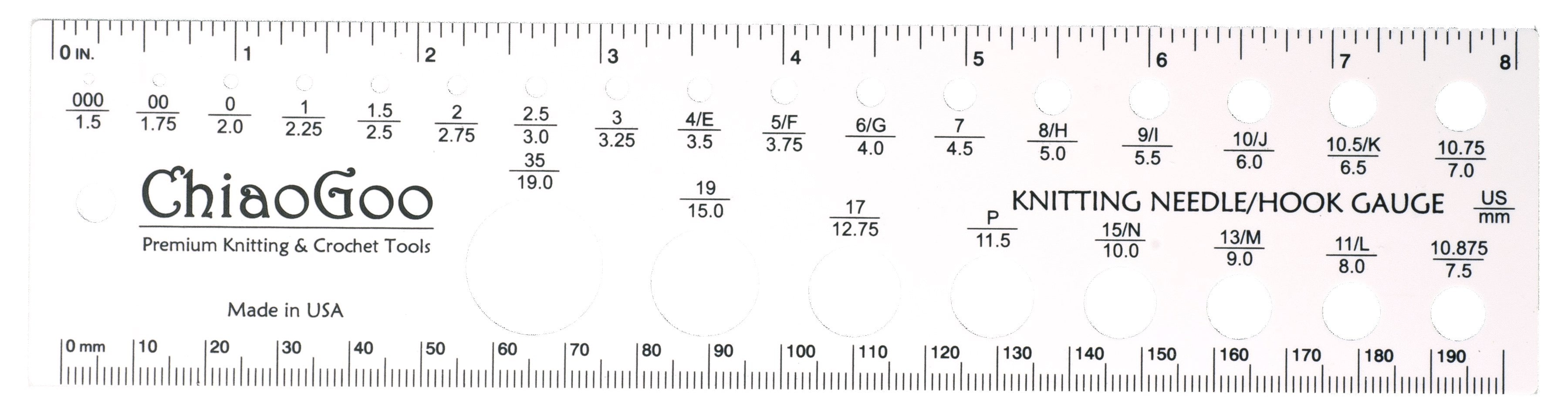 ChiaoGoo 8 Inch (200 mm) Needle Gauge US 000 (1.5 mm) - US 35 (19 mm) 25 Size Holes