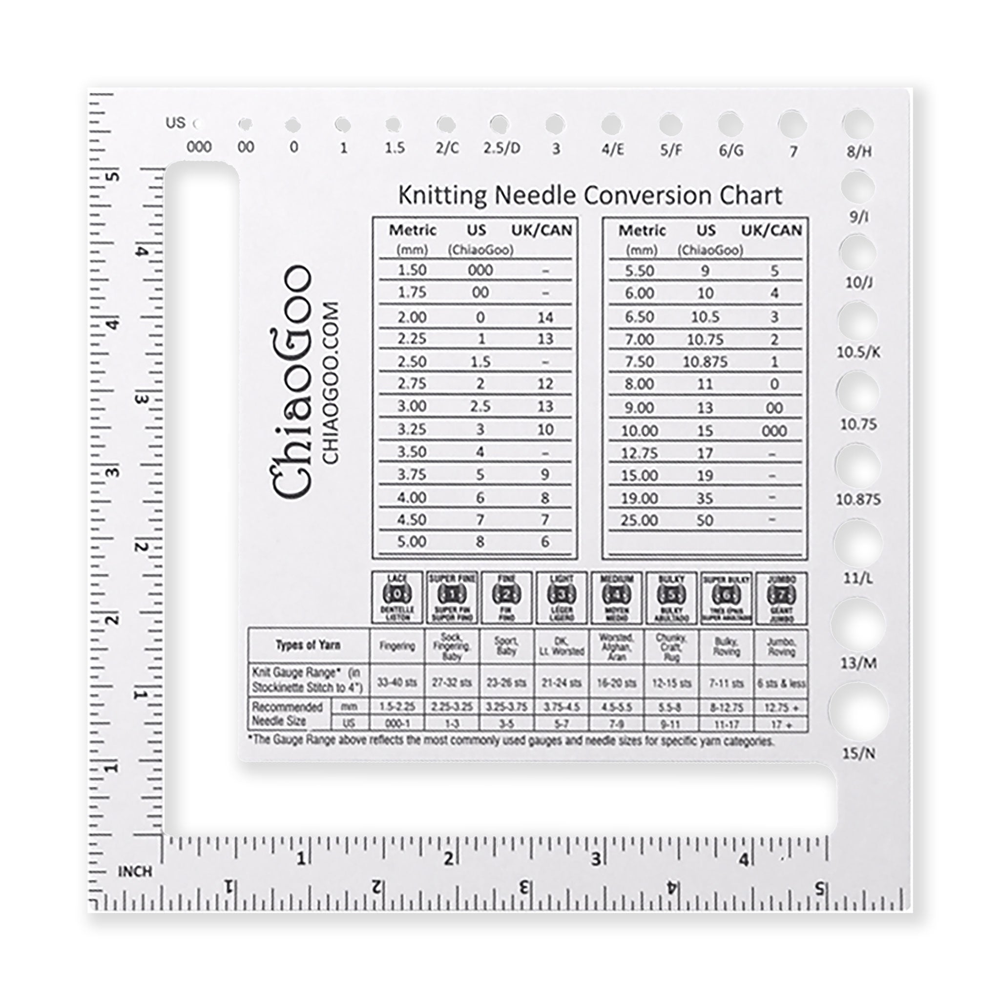 ChiaoGoo Two-Sided 5-Inch Swatch and 21-Hole Needle Gauge US 000 (1.5 mm) - US 15 (10 mm)