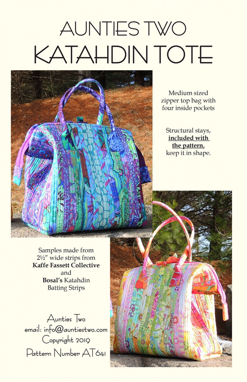 Katahdin Tote Sewing Pattern with Two Bag Stays by Carol McLeod of Aunties Two