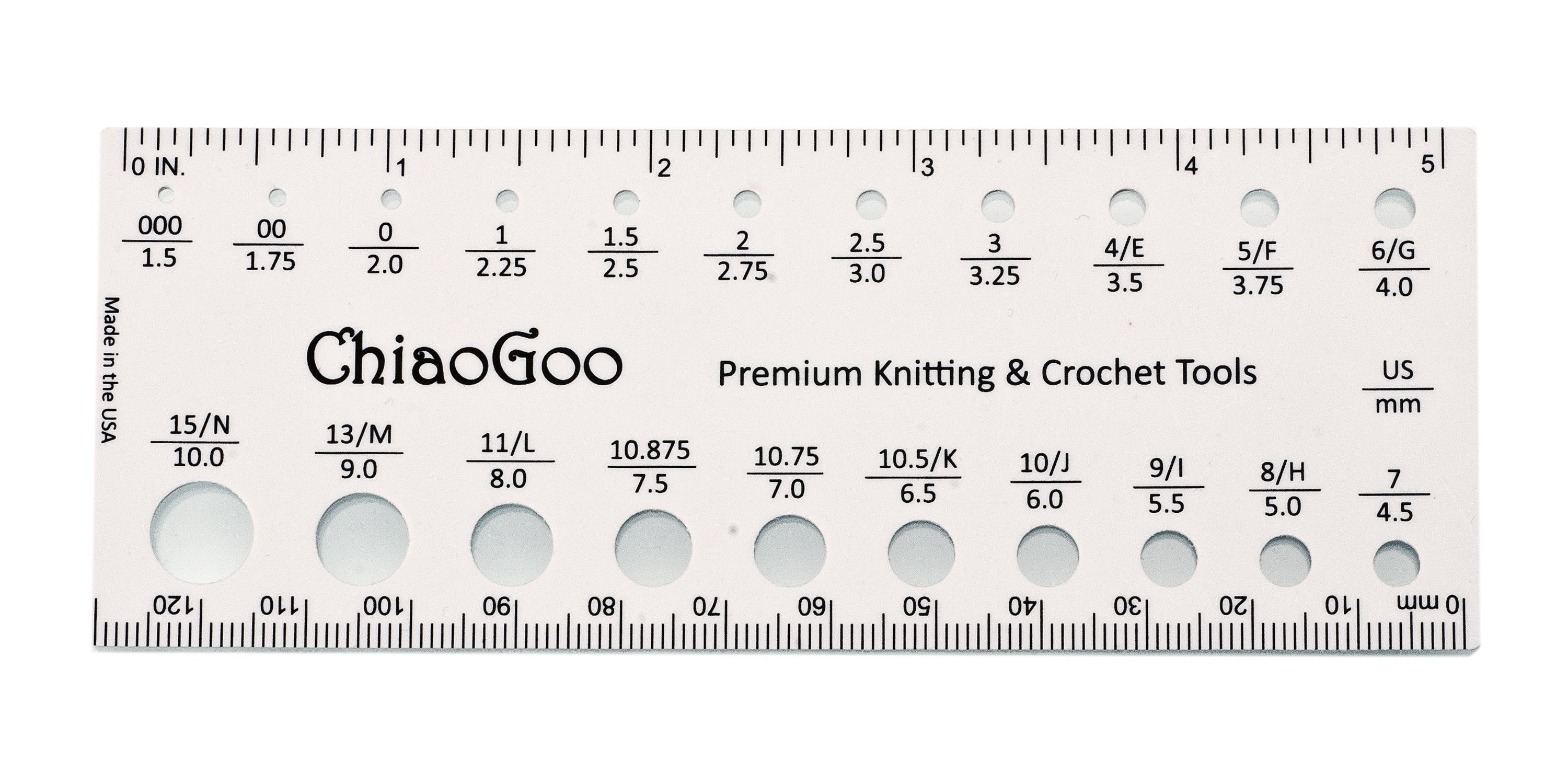 ChiaoGoo 5 Inch (130 mm) Needle Gauge US 000 (1.5 mm) - US15 (10 mm) 21 Size Holes