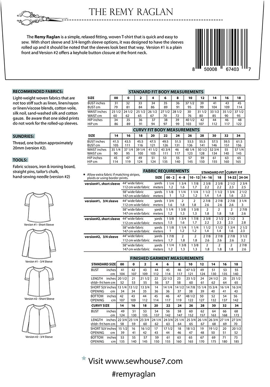 The Remy Raglan Standard 00 - 20 and Curvy 14 - 34 Sewing Pattern by Peggy Mead of Sew House Seven