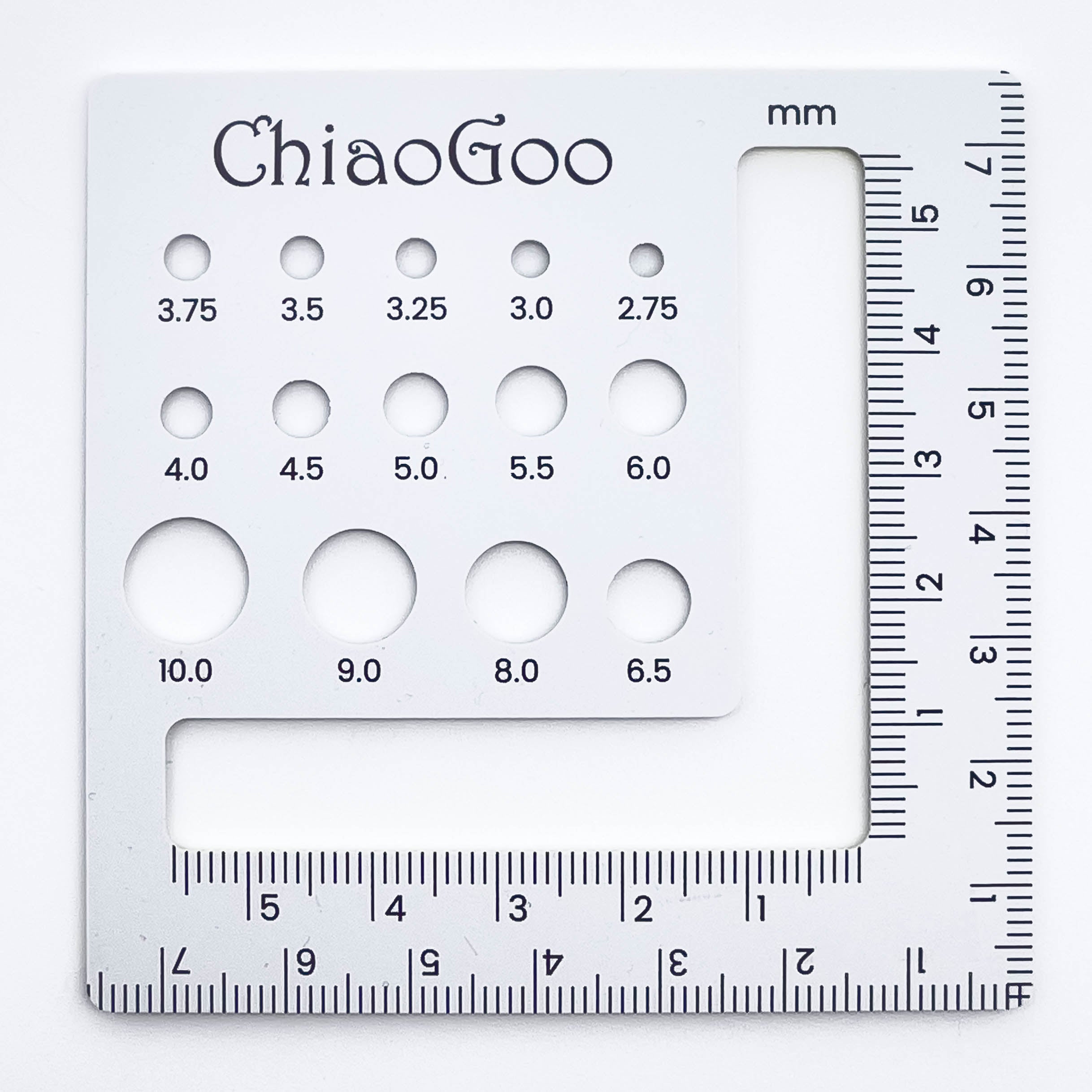 ChiaoGoo 3-Inch Square Swatch and 14-Hole Needle Gauge US 2 (2.75 mm) - US 15 (10 mm)