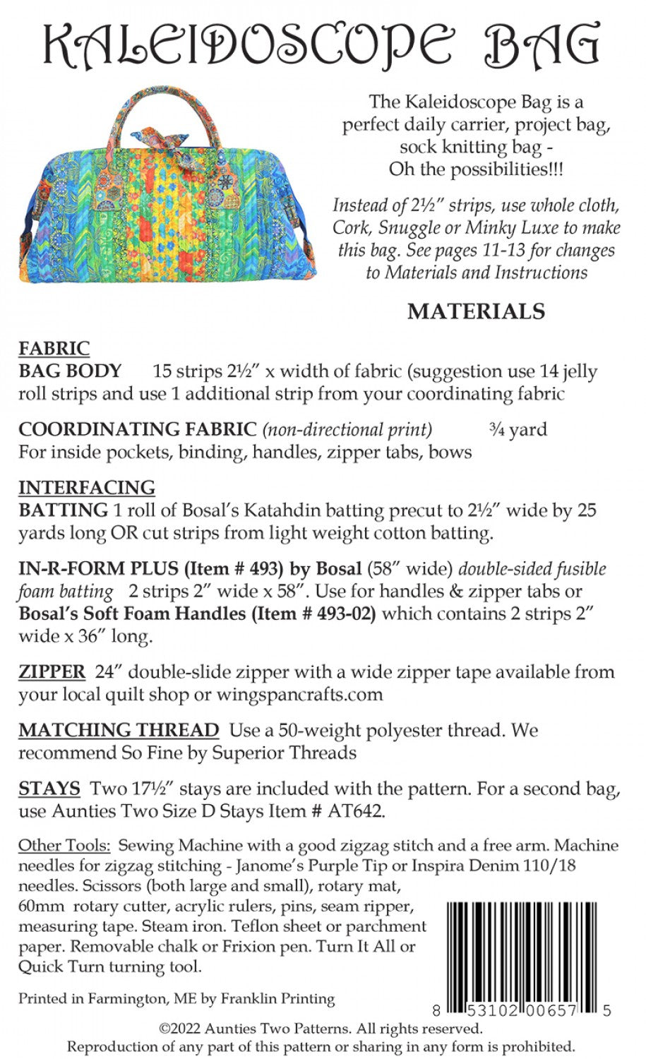 Kaleidoscope Bag Sewing Pattern with Two Bag Stays from Aunties Two