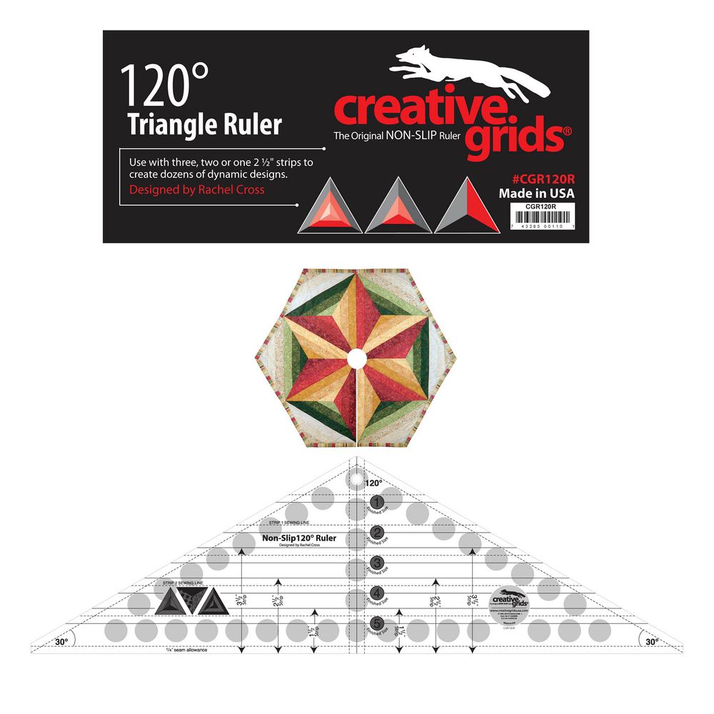 Creative Grids 120 Degree 6-1/2-Inch x 21-1/2-Inch Triangle Strip Quilt Ruler, Label, and Tree Skirt Design in Red, Gold, and Green