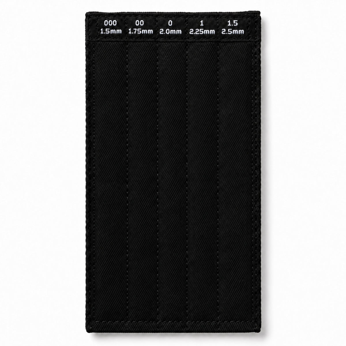 ChiaoGoo tip sleeve for 5-inch Mini [M] tips on a white background: a tall black fabric sleeve with pocket labels across the top that read 000 1.5mm, 00 1.75mm, 0 2.0mm, 1 2.25mm, and 1.5 2.5mm.