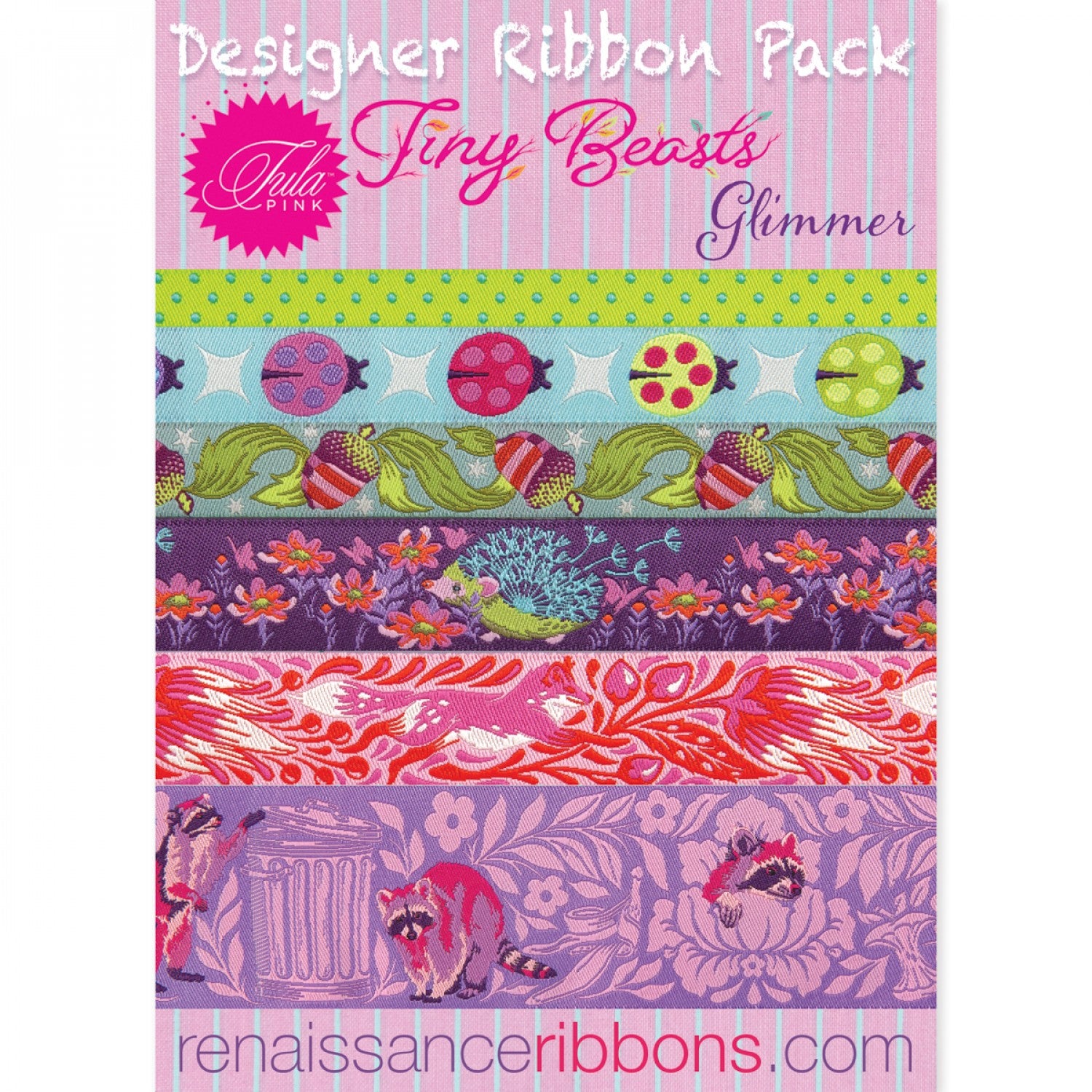 Tiny Beasts Glimmer Designer Ribbon Pack by Tula Pink for Renaissance Ribbons